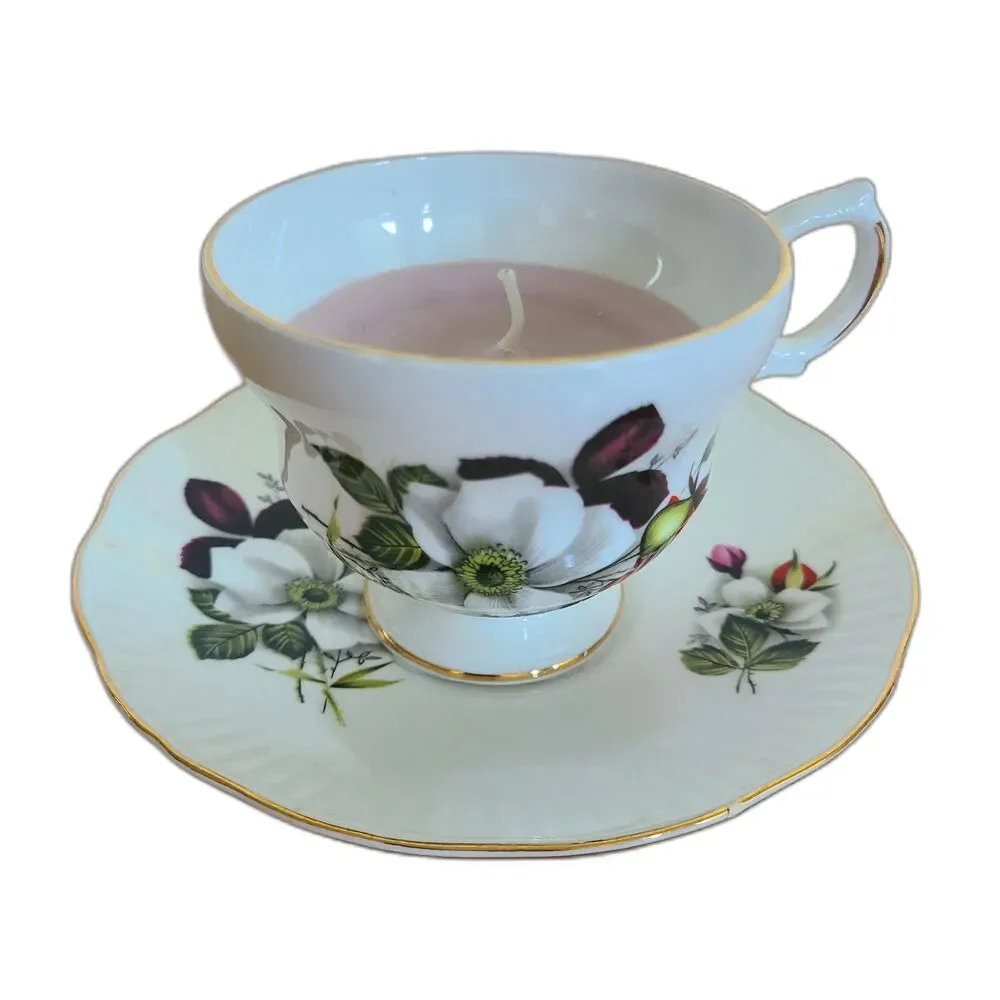 Vintage Tea Cup And Saucer Candle Floral Fragrance Royal Dover China Unlit